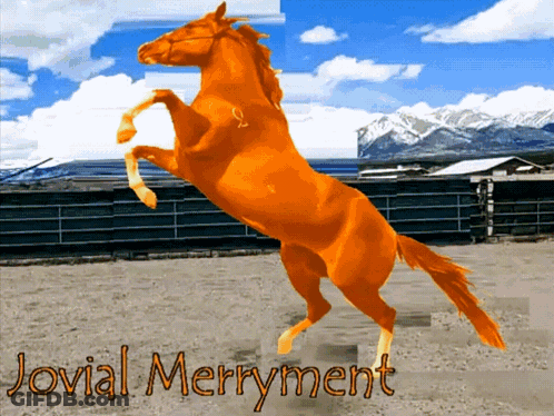 A Picture Of An Orange Horse With The Words Jovial Merryment GIF