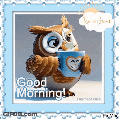 A Picture Of An Owl Holding A Cup With The Words Good Morning Written On It GIF