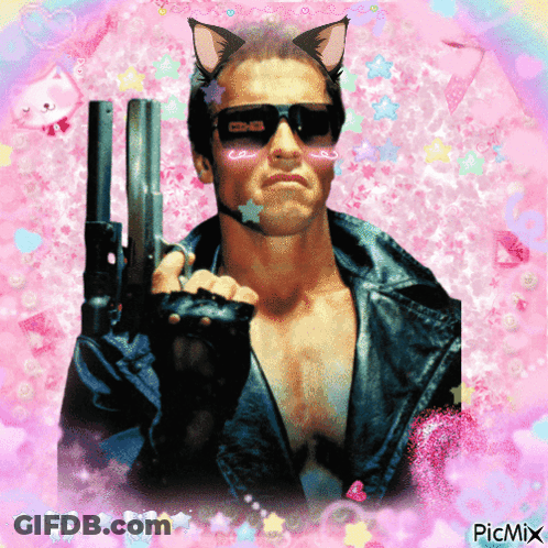 A Picture Of Arnold Schwarzenegger Holding A Gun With A Pink Background GIF