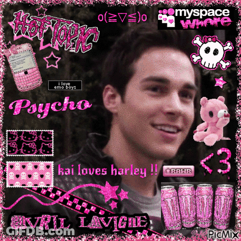 A Picture Of Avril Lavigne Is Surrounded By Pink Graphics GIF