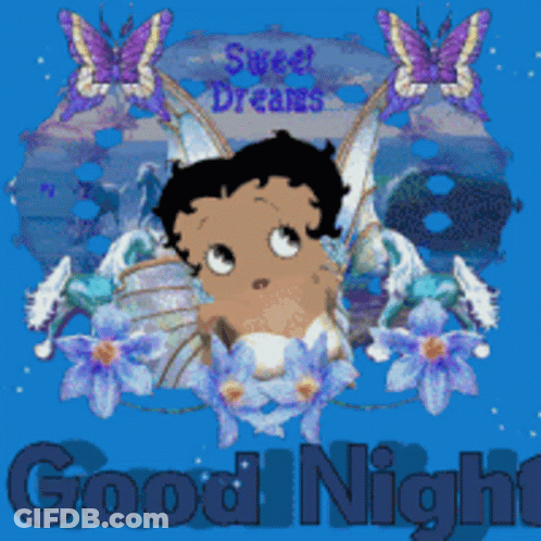 A Picture Of Betty Boop Saying Good Night With Butterflies And Flowers GIF