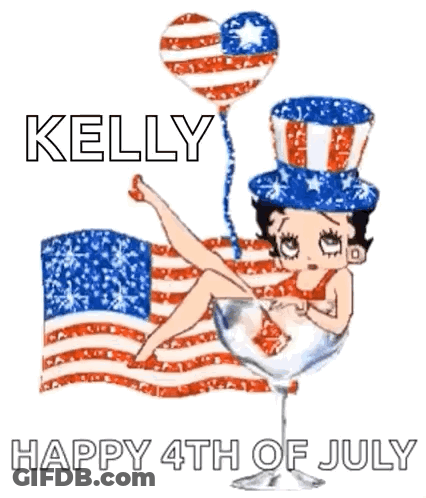 A Picture Of Betty Boop Sitting In A Martini Glass With The Words Kelly Happy 4Th Of July Written Below Her GIF