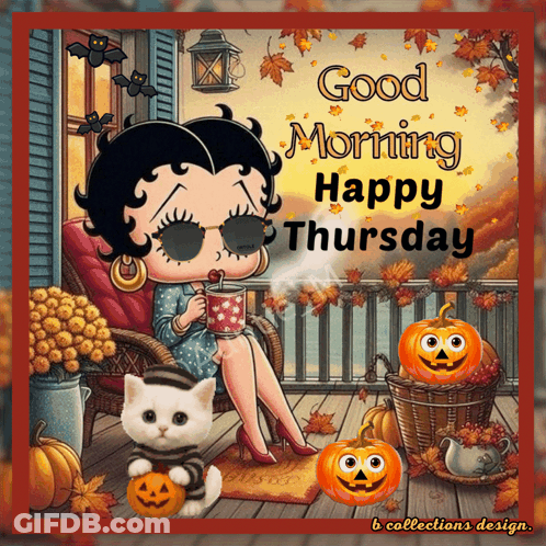 A Picture Of Betty Boop Sitting On A Porch With A Cup Of Coffee GIF