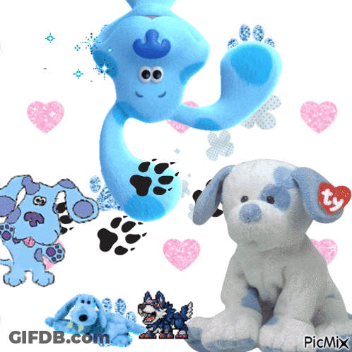 A Picture Of Blue 'S Clues Stuffed Animals And A Picture Of A Blue Stuffed Animal With The Word Picmix On The Bottom GIF
