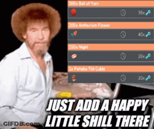 A Picture Of Bob Ross With The Words Just Add A Happy Little Shill There GIF