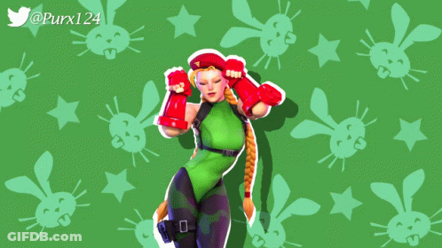 A Picture Of Cammy From Street Fighter Is Surrounded By Rabbits And Stars GIF