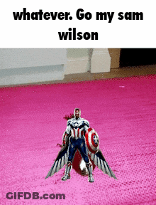 A Picture Of Captain America Holding A Shield On A Pink Rug With The Caption Whatever Go My Sam Wilson GIF