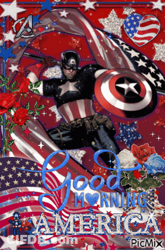 A Picture Of Captain America With The Words " Good Morning America " GIF