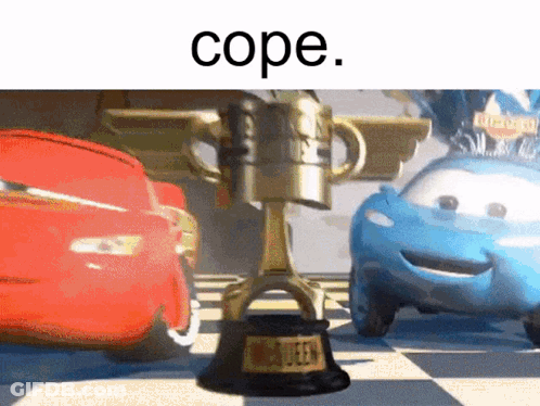 A Picture Of Cars With A Trophy That Says Cope GIF