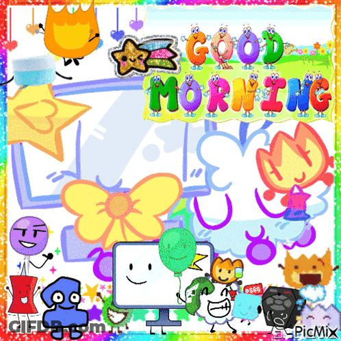 A Picture Of Cartoon Characters With The Words Good Morning Written On It GIF