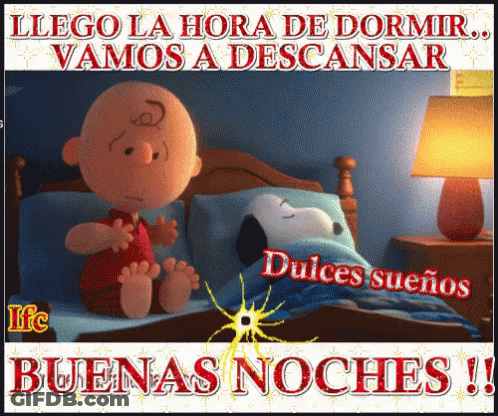 A Picture Of Charlie Brown And Snoopy In A Bed With The Words Buenas Noches In The Bottom Right Corner GIF