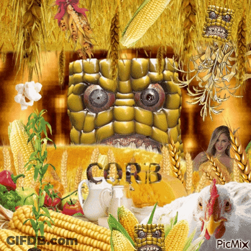 A Picture Of Corn On The Cob With A Chicken And A Woman In The Background GIF