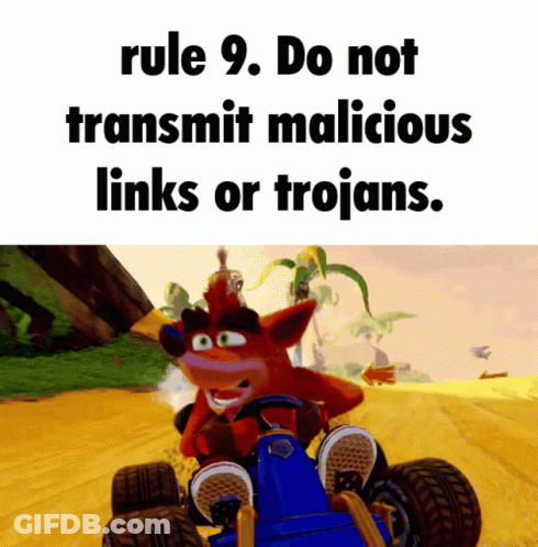 A Picture Of Crash Bandicoot Driving A Car With The Words Rule 9 Do Not Transmit Malicious Links Or Trojans Below It GIF