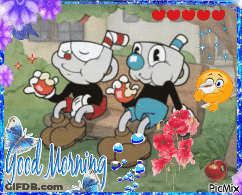 A Picture Of Cuphead And Mickey Mouse With The Words Good Morning On It GIF