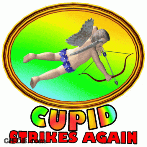 A Picture Of Cupid With The Words Cupid Strikes Again On The Bottom GIF
