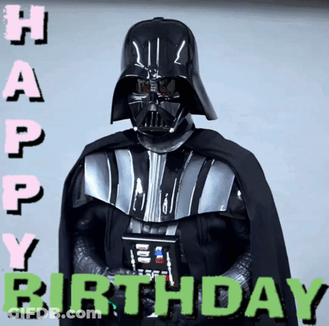 A Picture Of Darth Vader With The Words Happy Birthday Written Below Him GIF