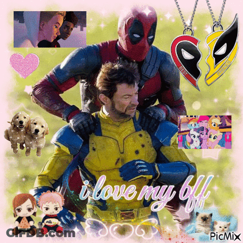 A Picture Of Deadpool Carrying A Man On His Shoulders With The Words " I Love My Bf " Written On The Bottom GIF