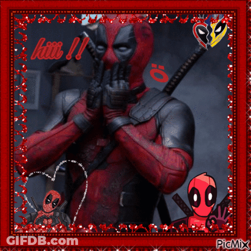 A Picture Of Deadpool Is Surrounded By Hearts And Says Hello ! GIF