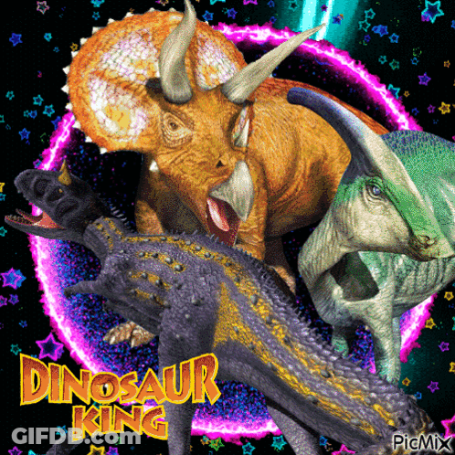 A Picture Of Dinosaurs With The Words Dinosaur King Written Above Them GIF