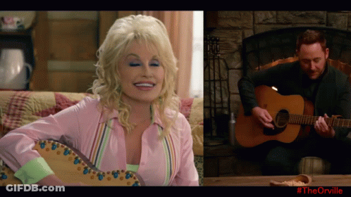 A Picture Of Dolly Parton And A Picture Of A Man Playing Guitar GIF