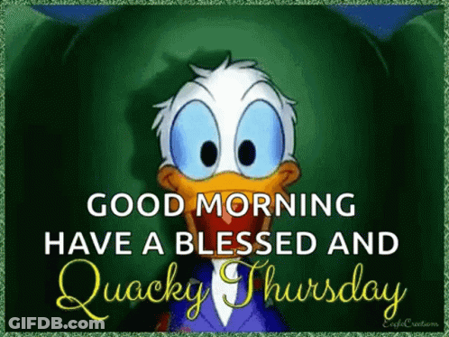 A Picture Of Donald Duck With The Words `` Good Morning Have A Blessed And Quacky Thursday '' . GIF