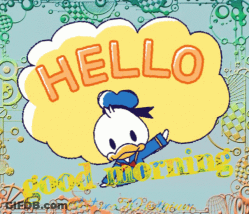 A Picture Of Donald Duck With The Words Hello Good Morning GIF