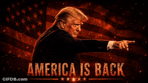 A Picture Of Donald Trump With The Words America Is Back GIF