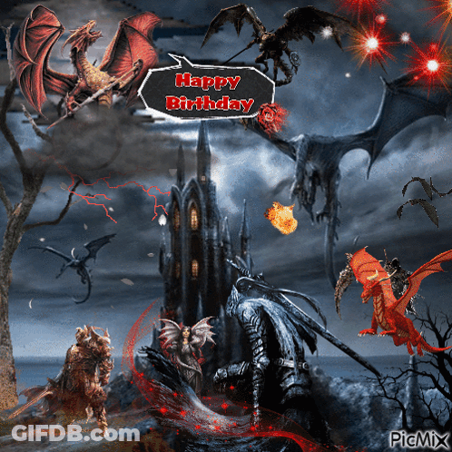 A Picture Of Dragons And A Castle With A Happy Birthday Message GIF