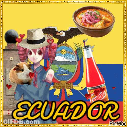A Picture Of Ecuador With A Girl A Guinea Pig A Bowl Of Soup And A Bottle Of Guarana GIF