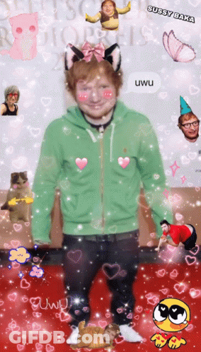 A Picture Of Ed Sheeran With A Speech Bubble That Says ' Sussy Baka ' On It GIF