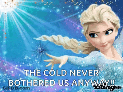 A Picture Of Elsa From Frozen With The Caption " The Cold Never Bothered Us Any Way !! " GIF