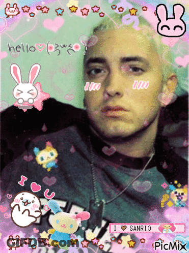 A Picture Of Eminem Is Surrounded By Hello Kitty Characters GIF