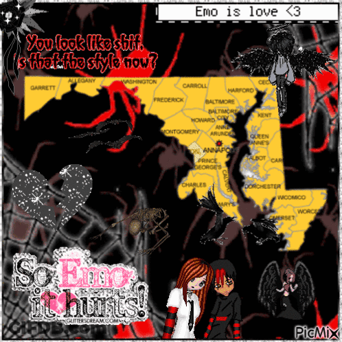 A Picture Of Emo Is Love < 3 With A Map Of Maryland In The Background GIF