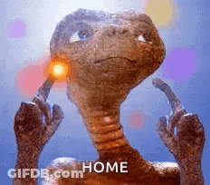 A Picture Of Et From The Movie Et With A Light Coming Out Of His Ear And The Words Home Above Him . GIF