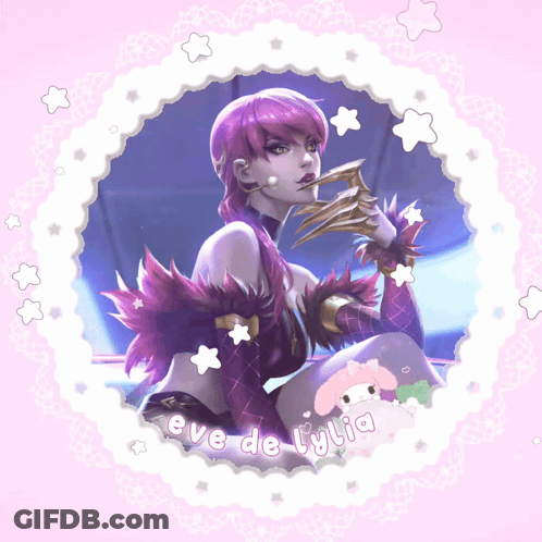 A Picture Of Eve De Lylia On A Pink Background With Stars GIF