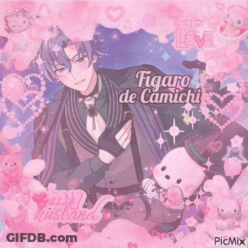 A Picture Of Figaro De Camichi With Hearts And Hello Kitty GIF