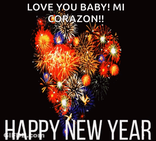 A Picture Of Fireworks In The Shape Of A Heart With The Words Happy New Year GIF