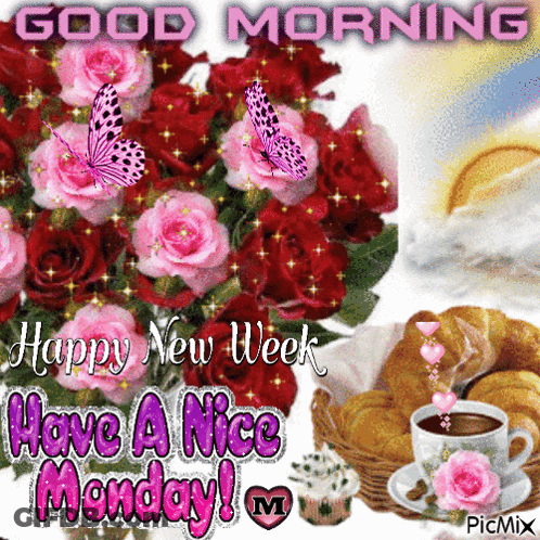 A Picture Of Flowers And A Cup Of Coffee Says Good Morning Happy New Week Have A Nice Monday GIF