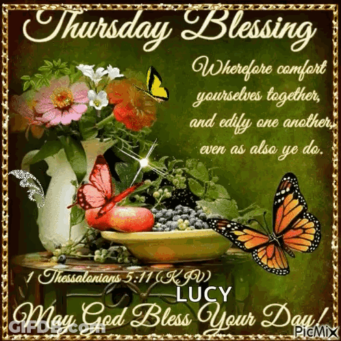 A Picture Of Flowers And Butterflies With A Quote From Thessalonians 5:11 GIF