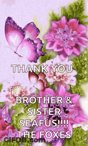 A Picture Of Flowers And Butterflies With The Words `` Thank You Brother & Sister Seafus !!! The Foxes '' GIF
