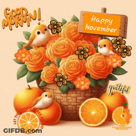 A Picture Of Flowers And Oranges With A Sign That Reads Happy November GIF