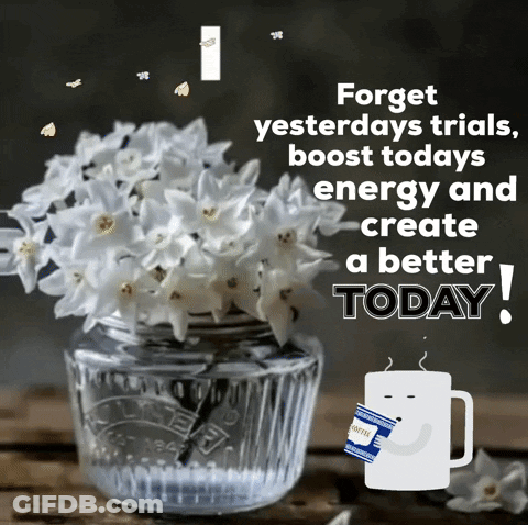 A Picture Of Flowers In A Vase With The Words " Forget Yesterdays Trials Boost Today Energy And Create A Better Today " GIF