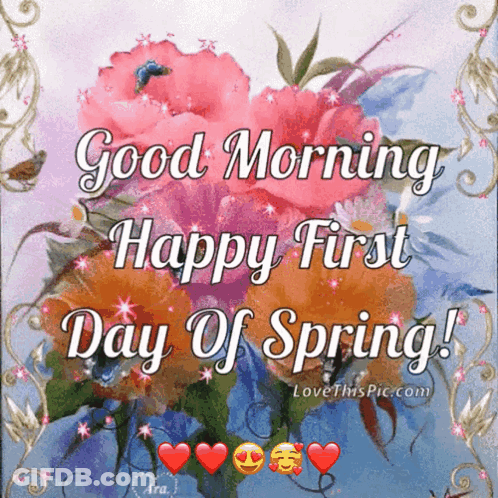 A Picture Of Flowers With The Words Good Morning Happy First Day Of Spring On It GIF