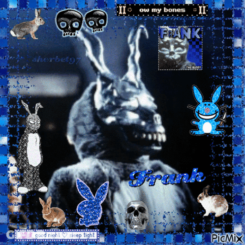 A Picture Of Frank The Bunny With Skulls And Rabbits GIF