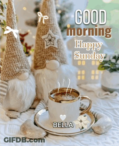 A Picture Of Gnomes And A Cup Of Coffee With The Name Bella On It GIF