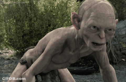 A Picture Of Gollum From The Lord Of The Rings With A Caption That Says " The Hobbit The Burrowet " GIF
