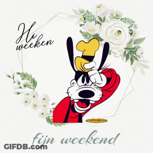 A Picture Of Goofy With The Words Hi Weekend Fijn Weekend Below It GIF