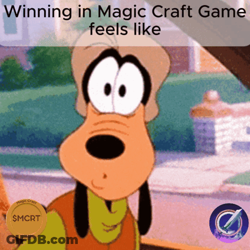 A Picture Of Goofy With The Words Winning In Magic Craft Game Feels Like At The Top GIF