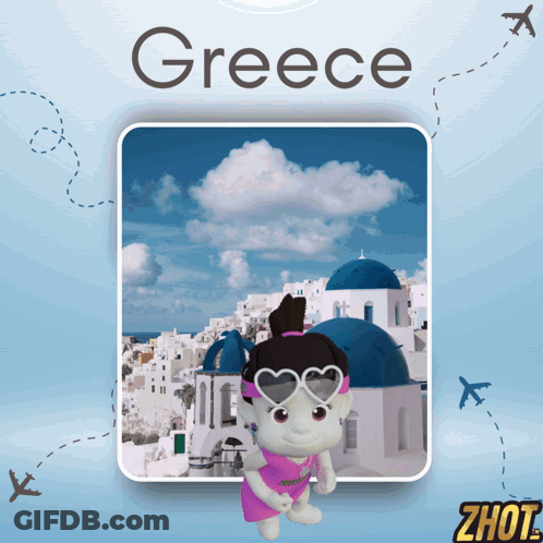 A Picture Of Greece With A Girl Wearing Sunglasses GIF