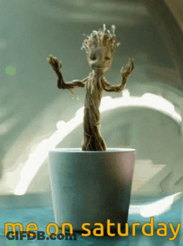 A Picture Of Groot In A Pot With The Words Me On Saturday Below It GIF